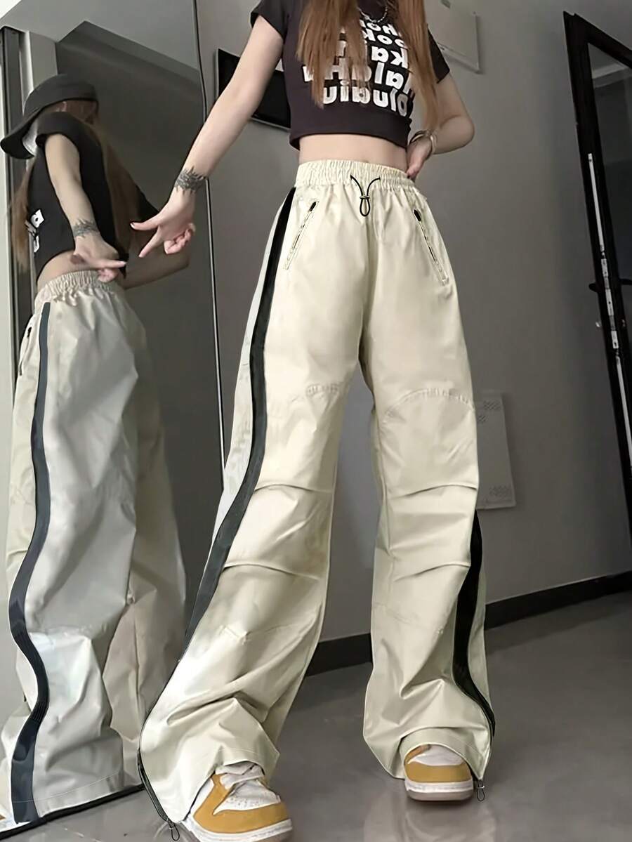New Arrival Women's Y2k High Waisted Drawstring Elastic Wide Leg Streetwear Colorblock Hip Hop Straight Leg Cargo Pants - White - View 1