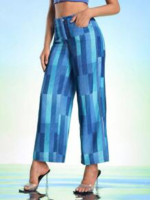 DREAM28 Designer Women's Wide Leg Pants With Patchwork Design, For Holiday, Vacation, Spring, Festival, Ibiza Fits - Blue - View 7