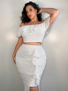 SHEIN SXY 大码夏季优雅白色露肩荷叶边纹理上衣和紧身裙婚礼节日服装 - 白色 - 查看 3