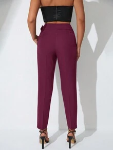 SHEIN Cottnline Belted Long Pants With Side Pockets - Burgundy - View 2