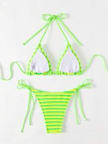 SHEIN Swim Bộ bikini sọc ngang cổ áo mùa hè dành cho nữ dành cho kỳ nghỉ ở bãi biển - màu xanh lá - Xem 2