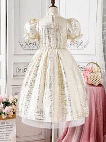 SHEIN 少女配件短袖奢華金色壓花連衣裙,適用於聚會和假期 - 杏色 - 查看 2