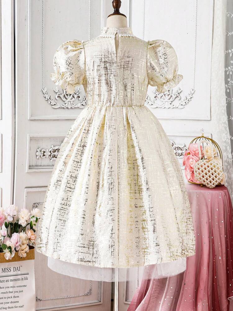 Tween Girls' Short Puff Sleeves Luxurious Golden Embossed Dress, Perfect For Parties And Holidays