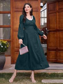 Modelyn Của phụ nữ Đúng mốt Tay áo dài Vòng cổ Đầm - Màu xanh lá cây đậm - Xem 6