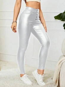 Chiquease Pantalones pitillo metálicos de moda para mujer