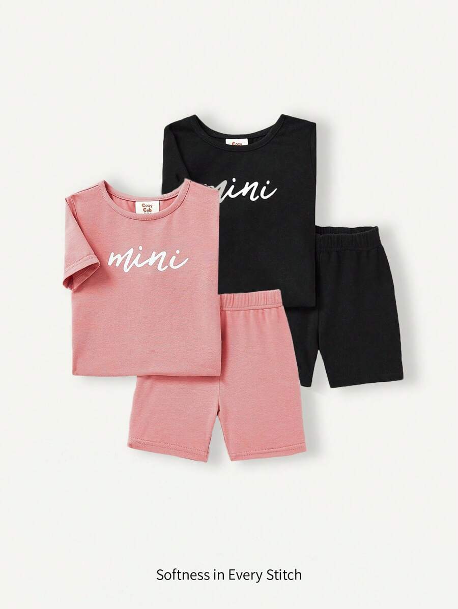 Cozy Pixies Baby Girl Snug Fit Pajama Set With Letter Printed Round Neck Short Sleeve Top And Shorts, 4pcs Matching Set - Pink - View 1