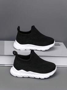 儿童轻便透气套脚运动鞋，弹性鞋面方便穿脱，贴合儿童脚型，纯色设计，适合日常穿着，返校季学生鞋，春秋季款 - 黑色 - 查看 5