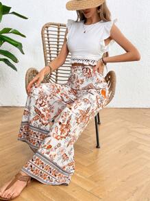 SHEIN VCAY Summer Vacation Style Ruffled Top With Tassel Hem And Floral Printed Wide Leg Pants - Multicolor - View 1