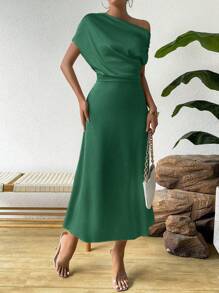 Chiquease 夏季休闲不对称领口紧身连衣裙 - 墨綠色 - 查看 3
