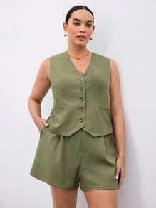 BizChic Plus Size Solid Color Basic Casual Suit Vest And Shorts Set, Suitable For Summer In Fall/Winter - Olive Green - View 4