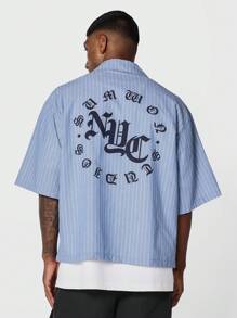 SUMWON Boxy Fit Pinstripe Shirt With Embroidery - Blue - View 1