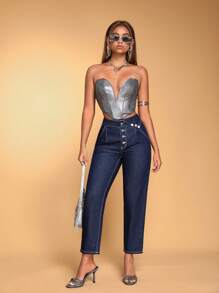 SHEIN BAE 單扣門襟折疊腰牛仔長褲 - 藍色 - 查看 1