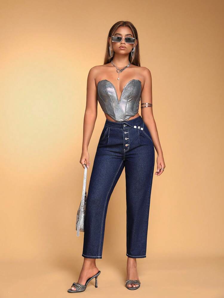 Single Button Fly Foldover Waist Denim Long Pants