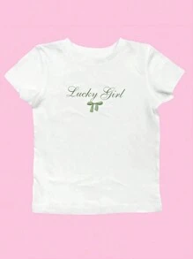 SHEIN EZwear Y2k 蝴蝶結印花女款夏季 T 卹 - 白色 - 查看 1