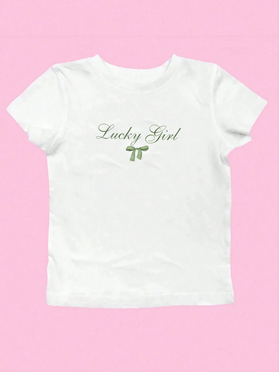 SHEIN EZwear Y2k 蝴蝶結印花女款夏季 T 卹 - 白色 - 查看 1