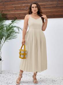 SHEIN Essnce Của phụ nữ Kích thước lớn Màu thuần Viền xếp Váy Dây - Màu be - Xem 1