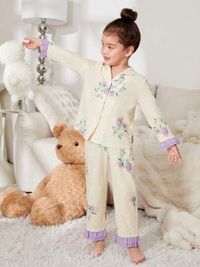 少女新款花卉印花长袖长裤套装休闲家居服