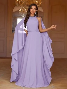 SHEIN Belle 斗篷袖圓領，擴腳晚禮服正式晚禮服女款 - 紫丁香色 - 查看 3