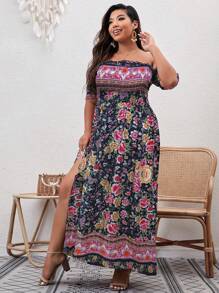 Breezaya Plus Size Off-Shoulder Vintage Floral Print Casual Holiday Dress