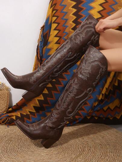 FVPFVP Botas altas de estilo vaquero con puntera puntiaguda, tacón alto, tacón grueso y bordado marrón para mujer, botas vaqueras de otoño/invierno