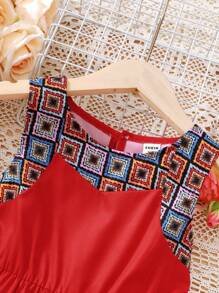 SHEIN Young Girl Sleeveless Dress With Zigzag Pattern And Scarf Print Design - Red - View 3