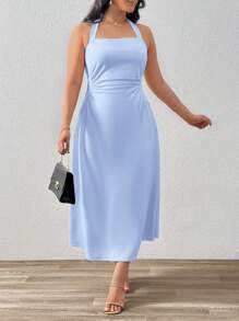 SHEIN Privé Plus Size Halter Neck Sleeveless Pleated A-Line Midi Dress In Light Solid Color, Suitable For Daily And Date - Baby Blue - View 4