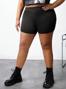 SHEIN CURVE+ Kích thước lớn Màu thuần Thon gọn Quần short - màu đen - Xem 3