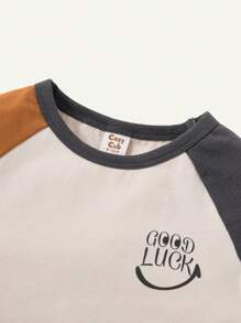 Cozy Pixies Baby Boy Casual Round Neck Sweatshirt With Contrasting Shoulder Design And Letter Printing, Matched With Shorts Outfit