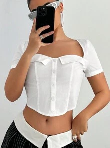 SHEIN ICON Women's Fashionable Square Neck Short Open Front Casual Shirt - White - View 3