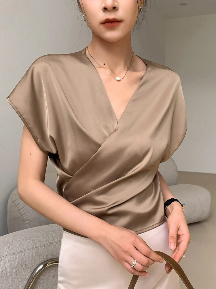 V-Neck Sleeveless Casual Wrinkle-Resistant Women Business Casual Blouse,Short Sleeve Tops