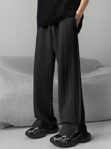 男士时尚休闲宽松提花开衩直筒裤 - 黑色 - 查看 4