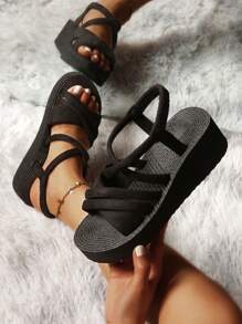 女士黑色涼鞋,幾何式度假&旅遊&日常休閒拖鞋,帶麂皮帶和麻感外底 - 黑色 - 查看 2