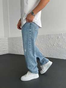 Men Ripped Straight Leg Jeans