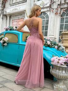 QOQ Vestido de dama de honor con espalda descubierta, abertura y cuello halter de unicolor con lentejuelas, romántico y glamoroso - Rosa - Ver 2