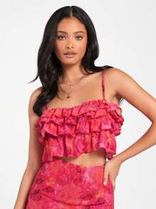 Forever 21 Summer Floral Print Ruffle Hem Cami Top, Vacation Style - Red - View 4