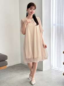 FRIFUL Designer Ladies" Solid Color Round Neck Sheer Mesh Short Sleeve Japanese-Style Sweet Dress With Design Sense Sundress,Casual Women Dresses - Apricot - View 3