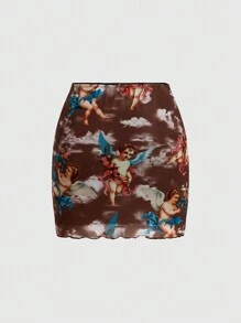 SHEIN EZwear Women's Fashionable Sheer Mesh Angel Print Skirt - Multicolor - View 2