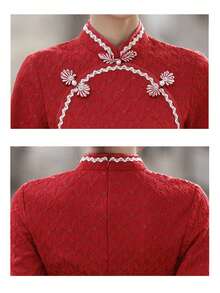 Women's Stand Collar Button Patchwork Fringe Cuff Elegant Qipao Cheongsam Dress - Red - View 5