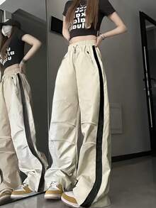 New Arrival Women's Y2k High Waisted Drawstring Elastic Wide Leg Streetwear Colorblock Hip Hop Straight Leg Cargo Pants - White - View 3