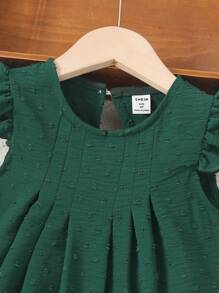 SHEIN Vestido Evasê de Manga Curta com Babados em Cor Sólida para Uso Casual Diário na Primavera e Verão para Meninas Jovens - Verde - Visão 4