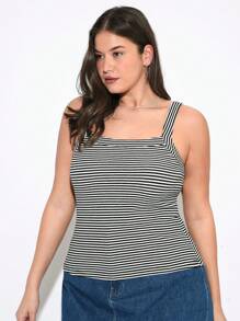 SHEIN BASICS 大尺碼2入組夏季休閒修身無袖針織條紋背心 - 黑與白 - 查看 3