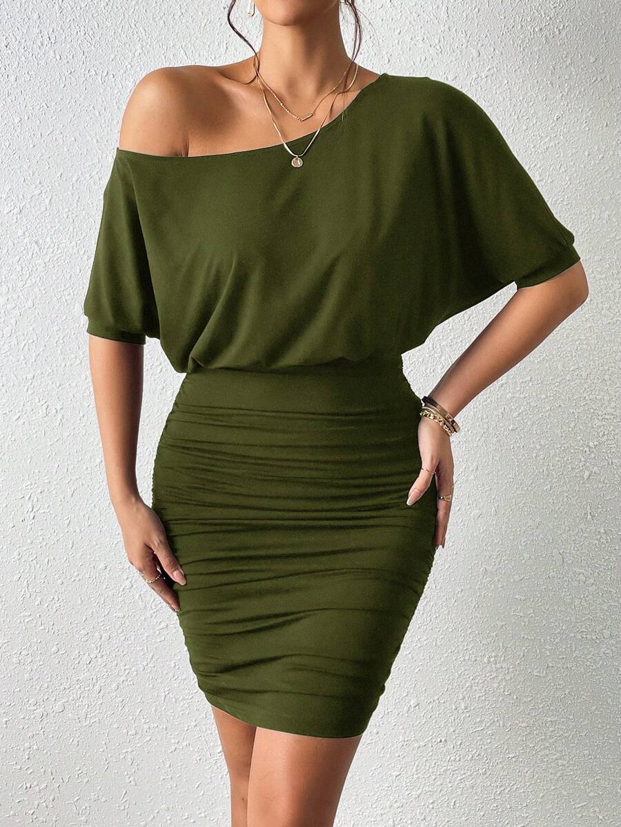 SHEIN Privé Mùa hè giản dị Không tay Bất đối xứng Đường viền cổ áo Váy bodycon - xanh quân đội - Xem 1