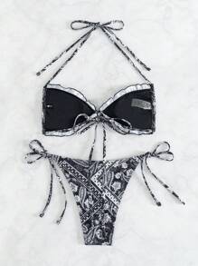 SHEIN Swim Bộ đồ bơi bikini buộc cổ họa tiết Paisley mùa hè - Đen và trắng - Xem 2
