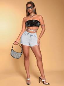 SHEIN BAE Women's Cross Waist Raw Edge Denim Shorts With Knot Detail