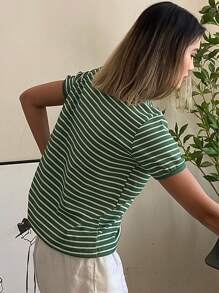 Livesso Women's Striped Round Neck Slightly Loose Fit Short Sleeve T-Shirt Summer Easter - Green - View 2