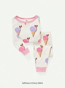 Cozy Pixies Baby Girl Snug Fit Pajama Set, Cartoon Fun Ice Cream Design, Round Collar, Regular Sleeve Pullover Top & Footed Pants - Pink - View 1