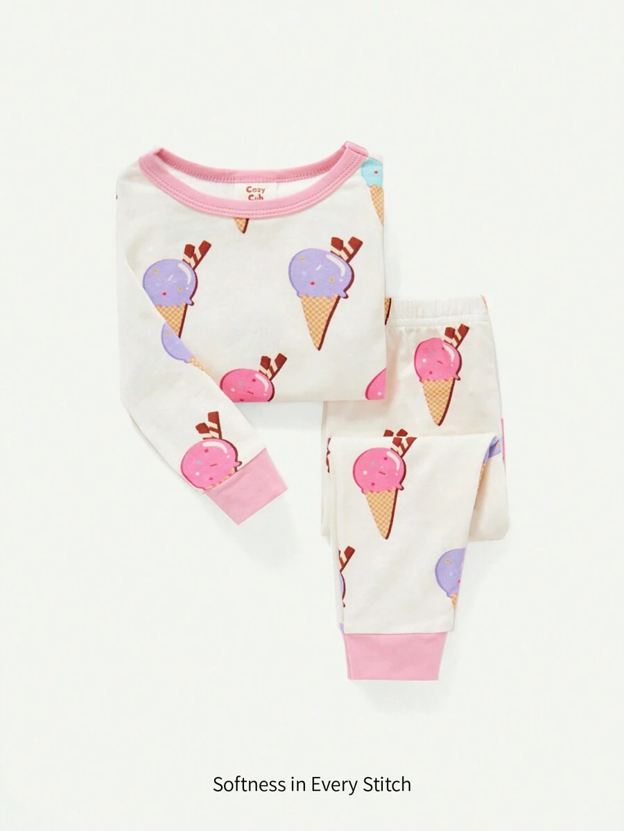Cozy Pixies Baby Girl Snug Fit Pajama Set, Cartoon Fun Ice Cream Design, Round Collar, Regular Sleeve Pullover Top & Footed Pants - Pink - View 1