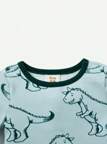 Cozy Pixies Baby Boy Snug Fit Pajama Set With Cartoon Dinosaur/Animal Graphic, Color Block Pullover And Long Pants - Blue - View 5