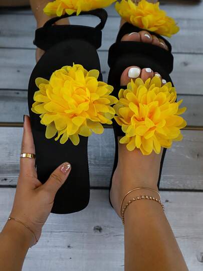 Flower Decor Single Band Slides,Ladies' Black Round-Toe With Yellow Flower Casual Holiday Beach Flat Outdoor Slippers With Thick Bottom Thong