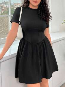 SHEIN EZwear Của phụ nữ Kích thước lớn Màu thuần A-line Ngắn tay Đầm - màu đen - Xem 5